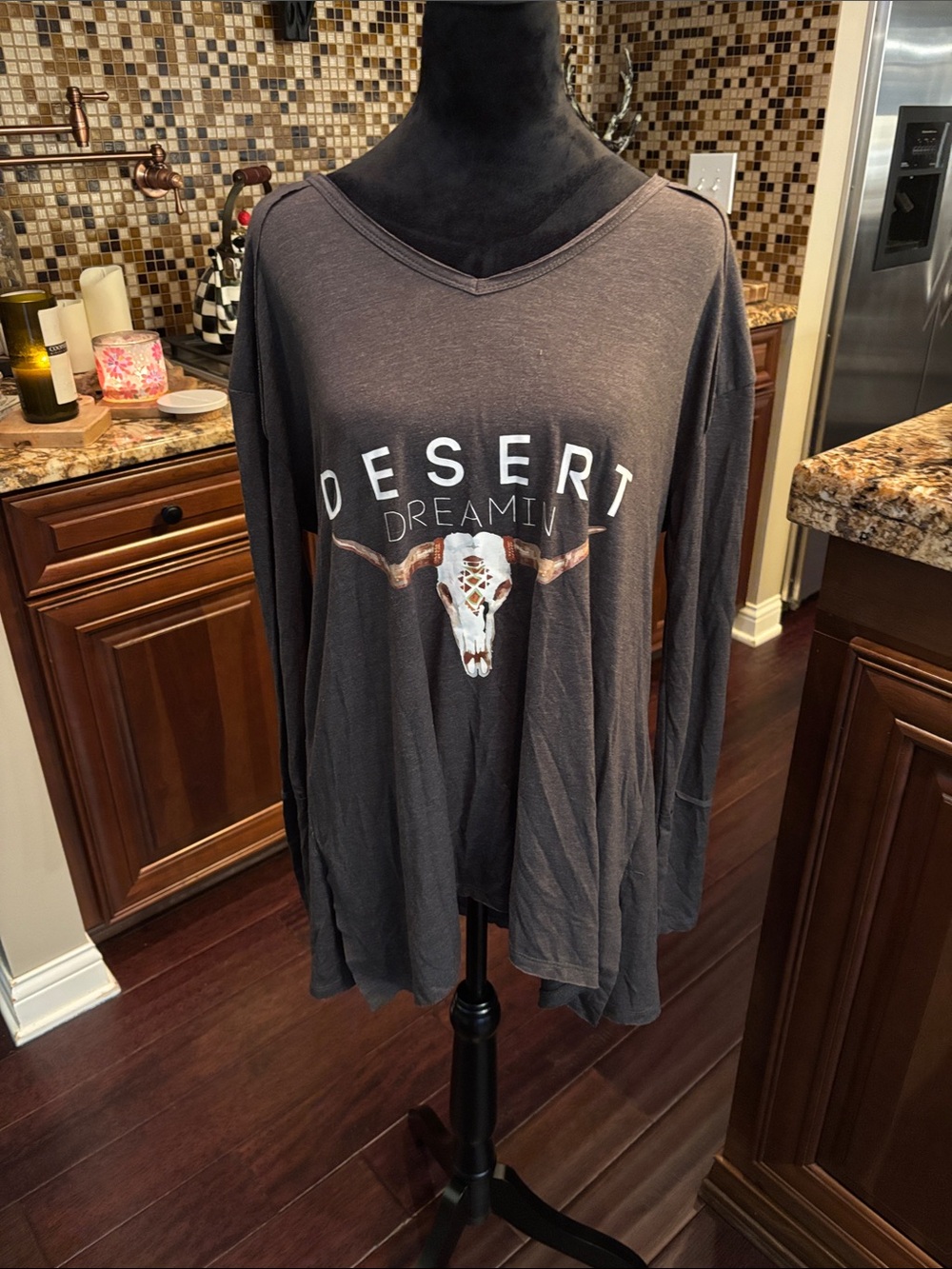 Buddy Basics Charcoal Desert Skull Graphic V-Neck Long Sleeve Tee